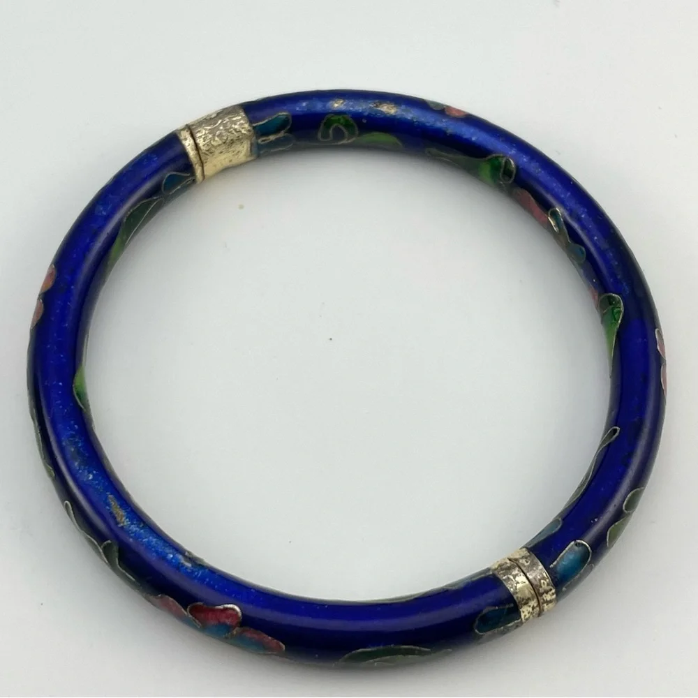 Charming Vintage Blue Cloisonné Floral Bangle Bracelet – Fair Condition